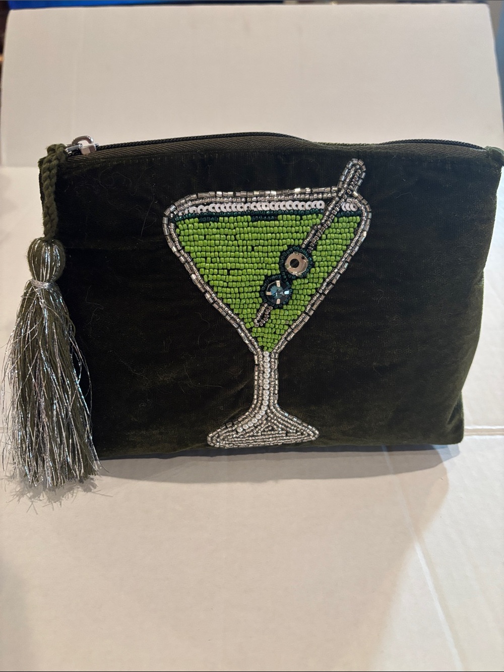 Green Martini Beaded Velvet Cosmetic Pouch